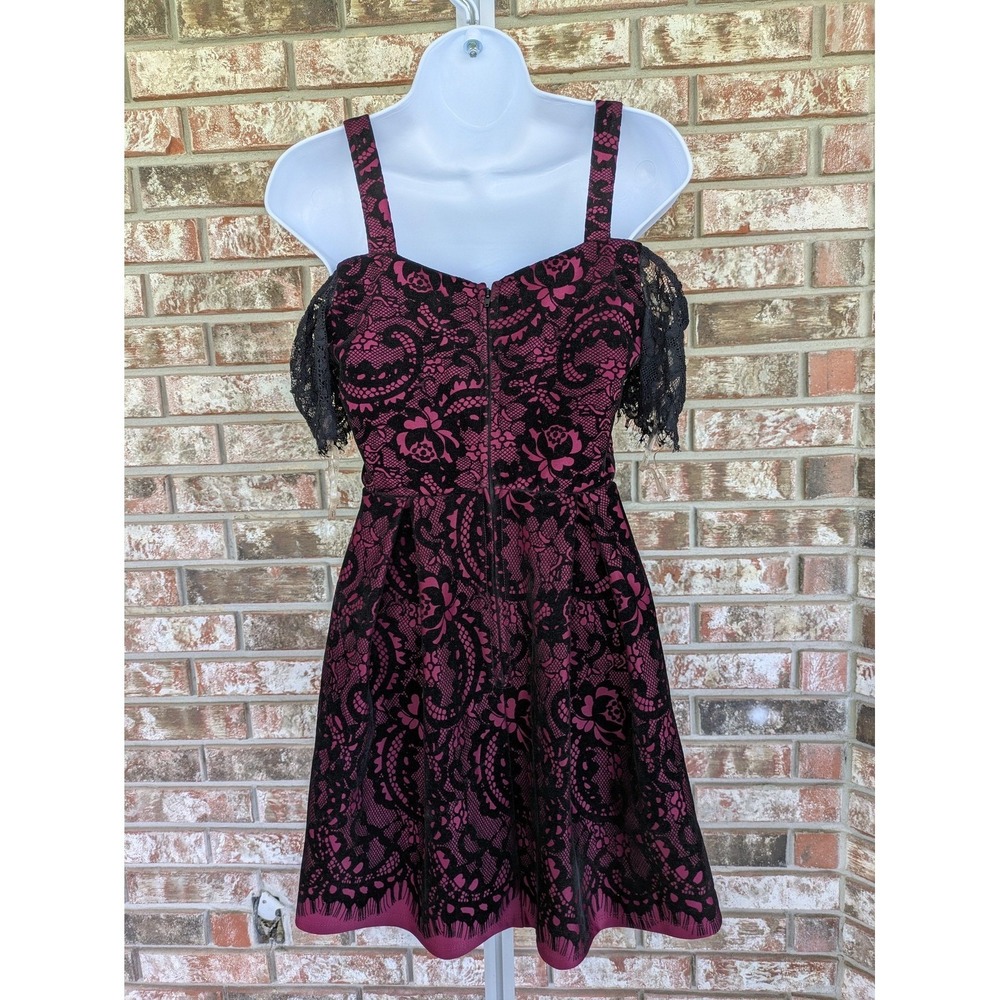 Black Pink Lace Cold Shoulder Fit & Flare Dress Goth Coquette Party Romantic - Picture 4 of 12